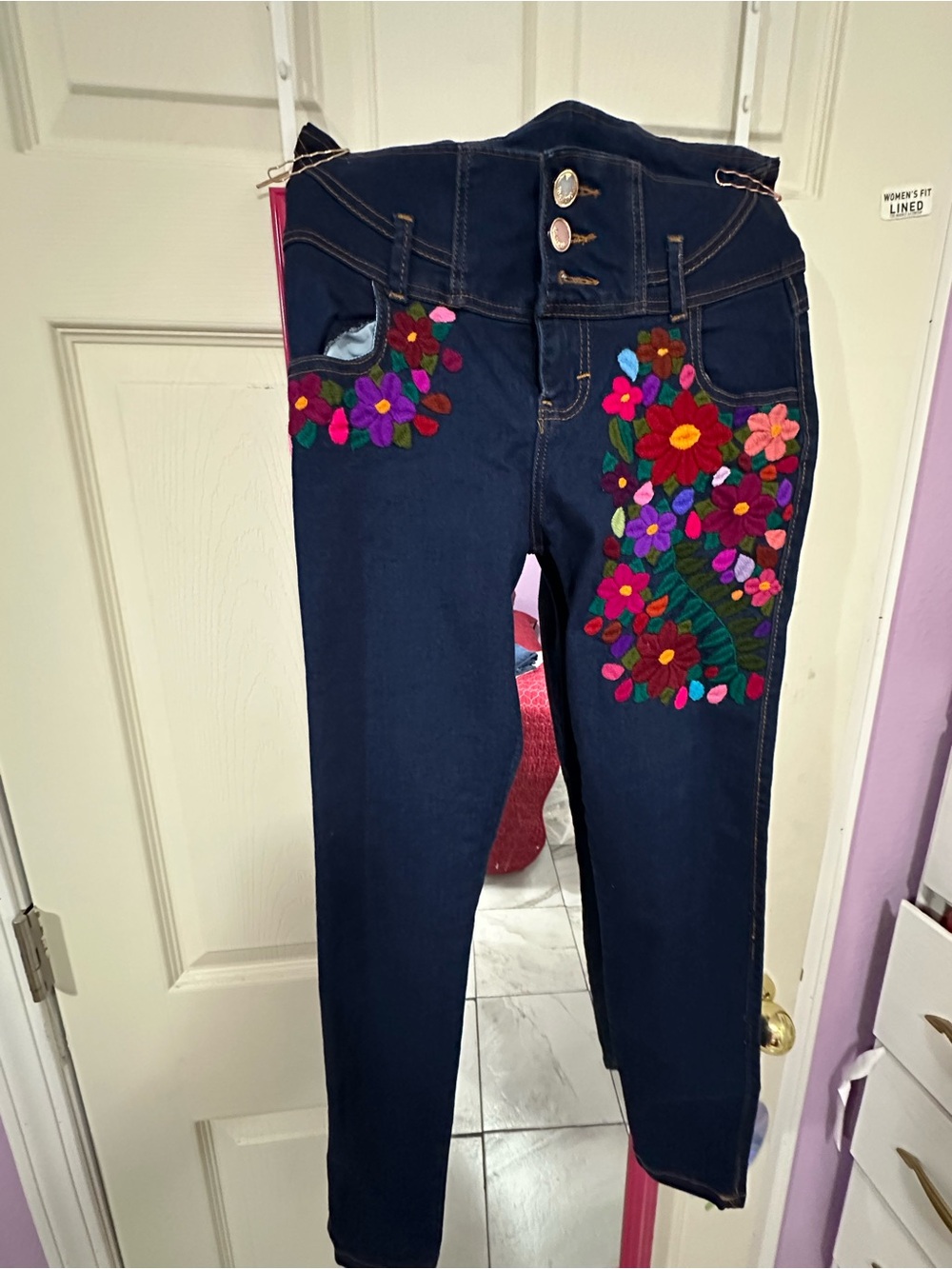 Embroidered Dark Blue Denim Floral Jeans